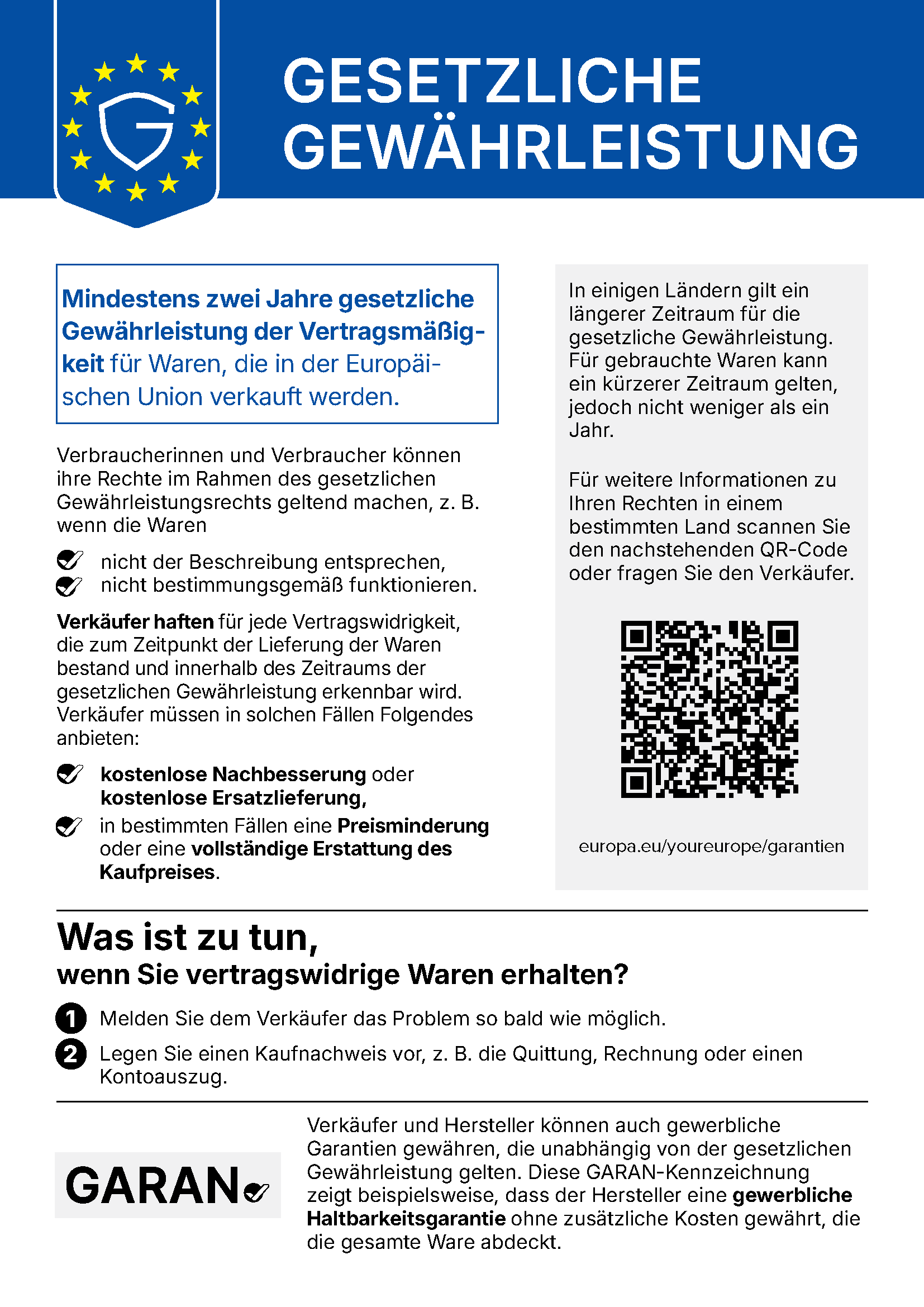EU-Hinweis: Gesetzliche Gewährleistung – mindestens zwei Jahre gesetzliche Gewährleistung für in der EU gekaufte Waren